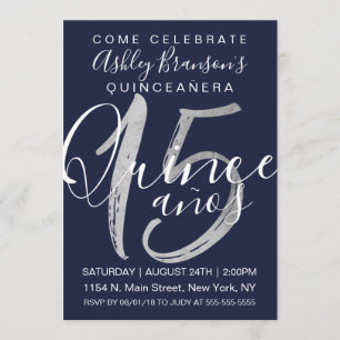 Girly Simple Navy Blue Silver Foil Quinceañera Invitation