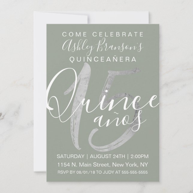 Girly Simple Sage Green Silver Foil Quinceañera Invitation (Front)