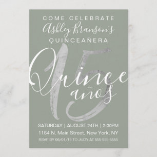Girly Simple Sage Green Silver Foil Quinceañera Invitation