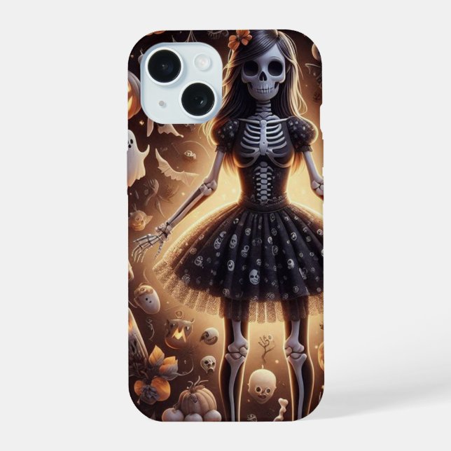 Girly Skeleton in Tutu with Ghosts, skulls, bats iPhone 15 Case (Back)