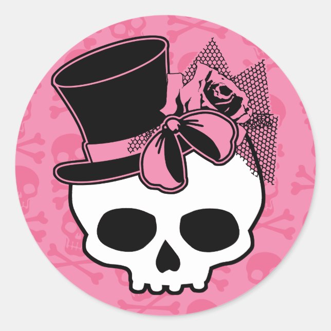 Girly Skull with Hat and Pink Bow Classic Round Sticker (Front)