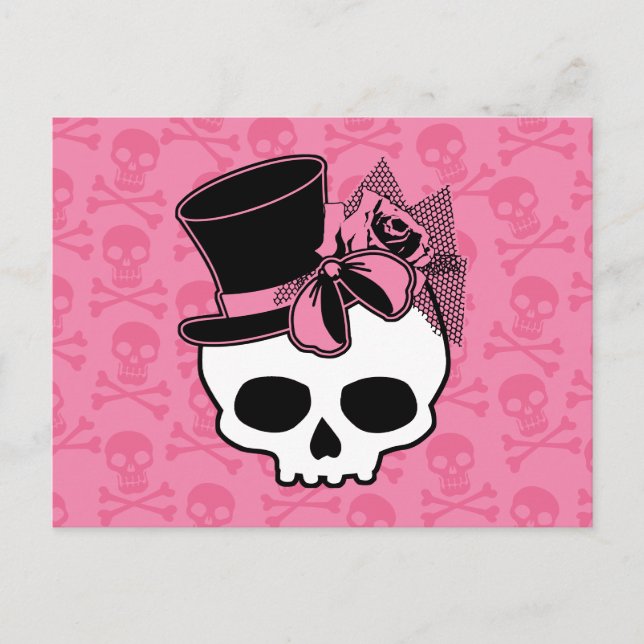 Girly Skull with Hat and Pink Bow Postcard (Front)