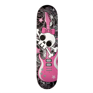 Girly Skull with Pink Guitar Skateboard