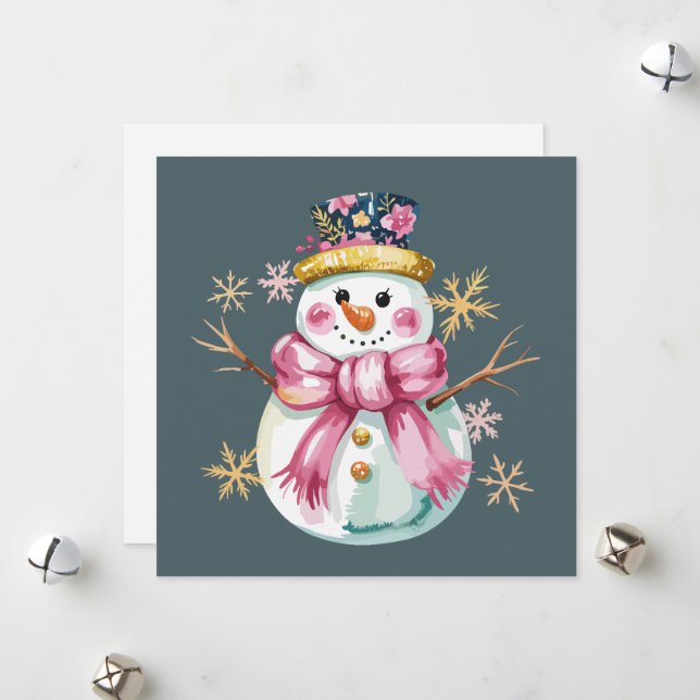 Girly Snowman Winter Holiday Christmas Cute  Card (Front/Back In Situ)