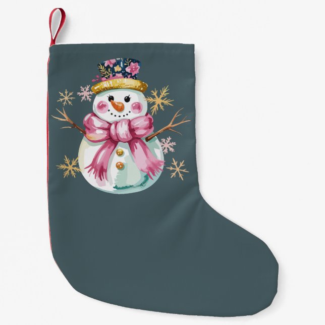 Girly Snowman Winter Holiday Christmas Cute  Small Christmas Stocking (Front)