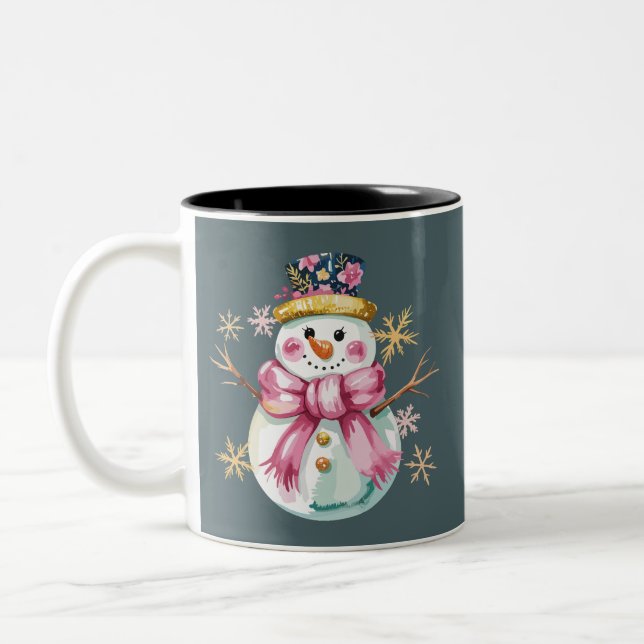 Girly Snowman Winter Holiday Christmas Cute  Two-Tone Coffee Mug (Left)