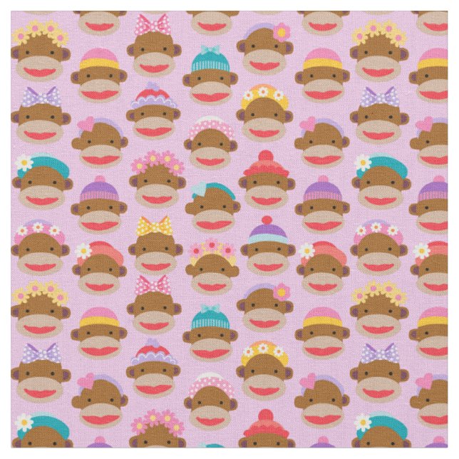 Girly Sock Monkeys Fabric, Pink Fabric (Close Up)