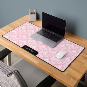 Girly soft pink and white damasks pattern monogram desk mat