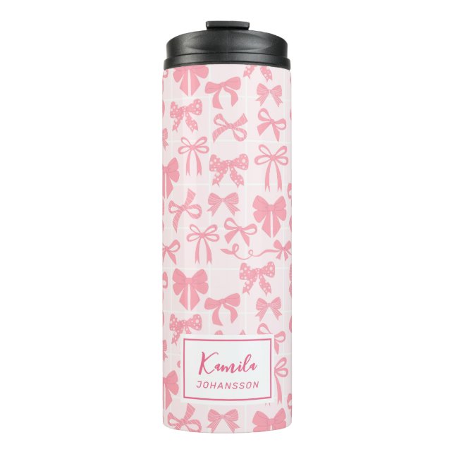 Girly Soft Pink Coquette Bow with Name Thermal Tumbler (Front)