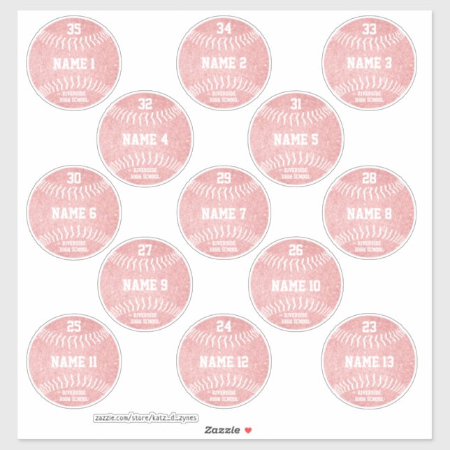 girly softballs set of 13 custom players' names (Sheet)