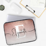 Girly Sparkle Rose Gold Glitter White Monogrammed Laptop Sleeve<br><div class="desc">Girly Glam on the Go with our Sparkling Rose Gold Glitter Monogram Laptop Sleeve! Ensure your laptop travels in style with our chic sleeve. The design features a captivating transition from rose gold glitter to pristine white, creating a glamourous backdrop for your personalized white monogram and black script name. Chic...</div>