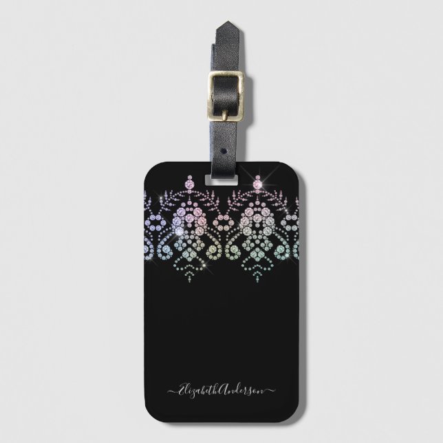 Girly Sparkle Script Monogram Name Luggage Tag (Front Vertical)