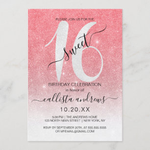 Girly Sparkly Coral White Glitter Ombre Sweet 16 Invitation