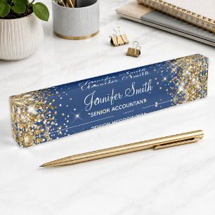 Girly Sparkly Gold Glitter Navy Blue Nameplate