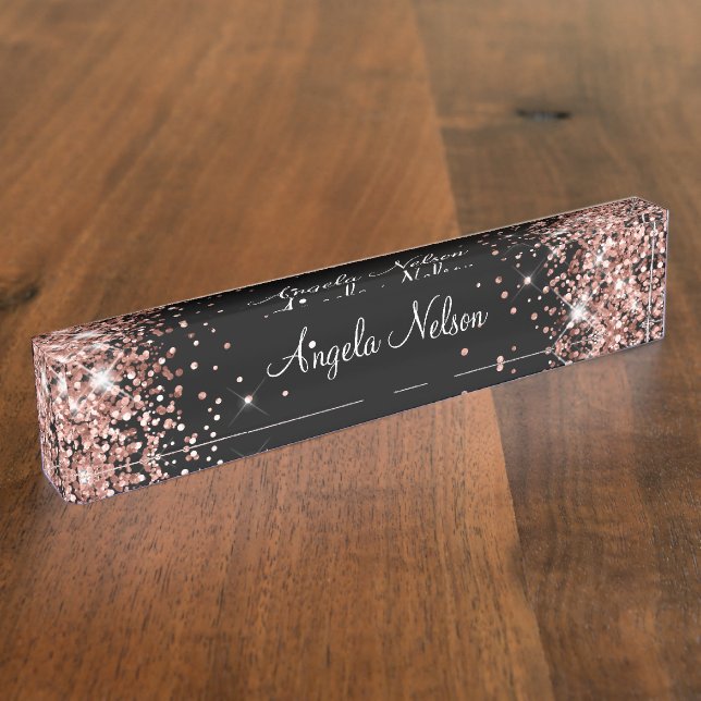 Girly Sparkly Rose Gold Glitter Black Nameplate (Side)