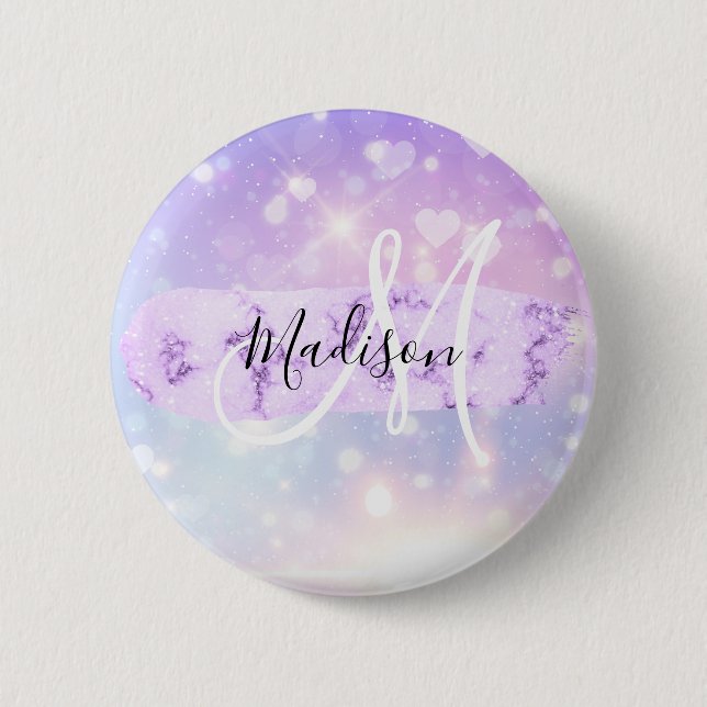 Girly Sparkly Unicorn Rainbow Hearts Monogram 2 Inch Round Button (Front)