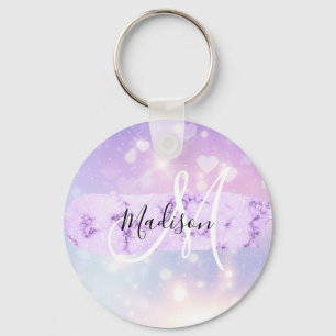 Girly Sparkly Unicorn Rainbow Hearts Monogram Keychain
