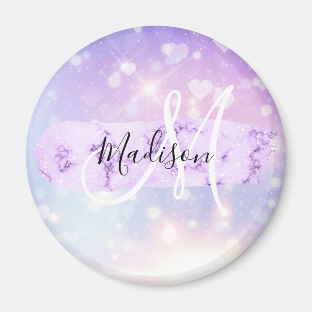 Girly Sparkly Unicorn Rainbow Hearts Monogram Magnet (Front)
