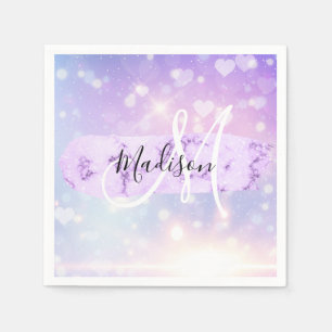 Girly Sparkly Unicorn Rainbow Hearts Monogram Napkin