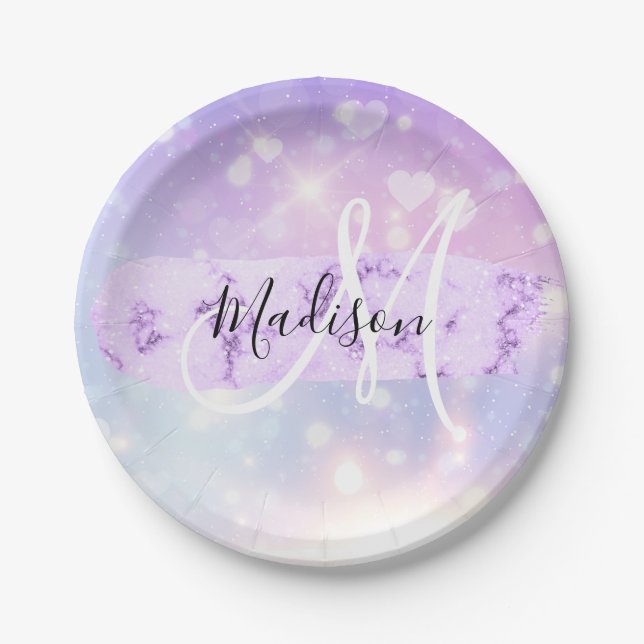 Girly Sparkly Unicorn Rainbow Hearts Monogram Paper Plate (Front)