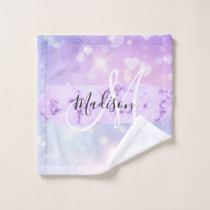Girly Sparkly Unicorn Rainbow Hearts Monogram Wash Cloth