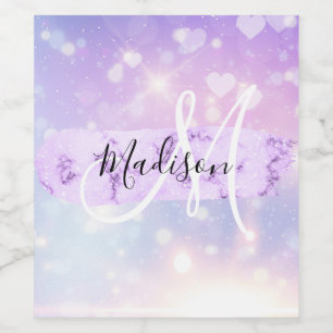 Girly Sparkly Unicorn Rainbow Hearts Monogram Wine Label