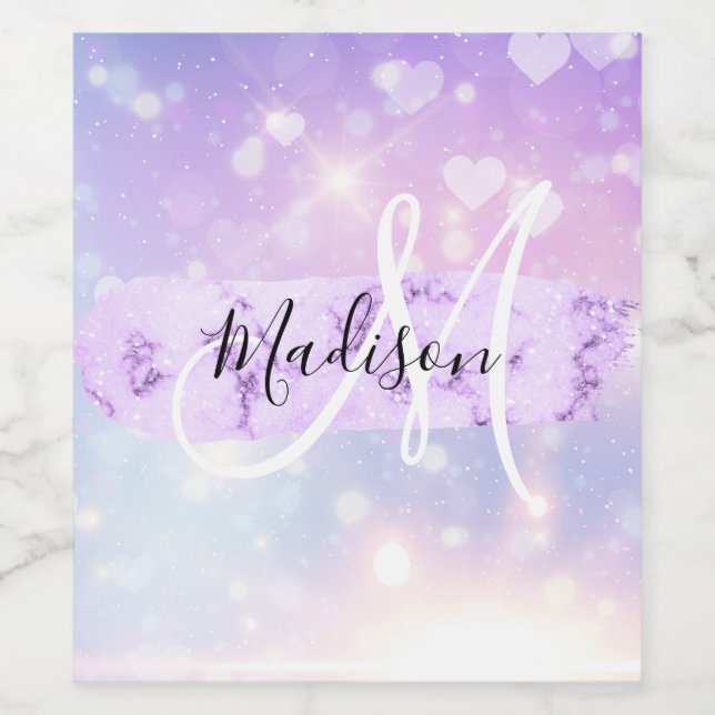 Girly Sparkly Unicorn Rainbow Hearts Monogram Wine Label (Single Label)
