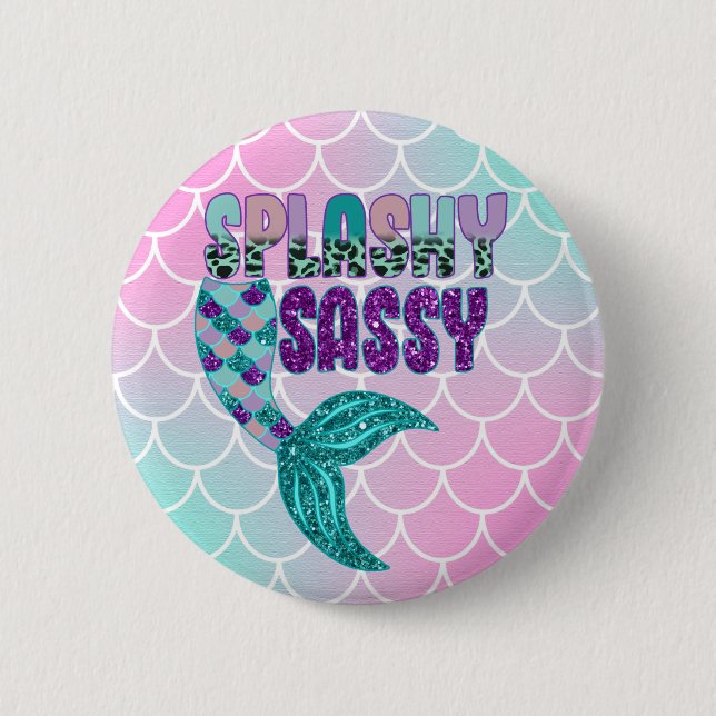 Girly Splashy Sassy Pink Purple Green Mermaid Tail 2 Inch Round Button (Front)