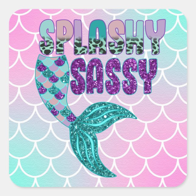 Girly Splashy Sassy Pink Purple Green Mermaid Tail Square Sticker (Front)