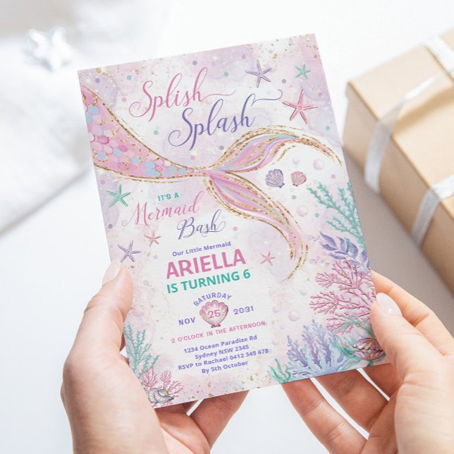 Girly Splish Splash Mermaid Birthday Bash Party Invitation (Creator Uploaded)