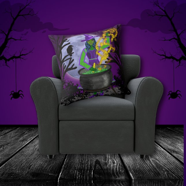 Girly Spooky Green Witch Cauldron Magic Blue Moon  Throw Pillow (Creator Uploaded)