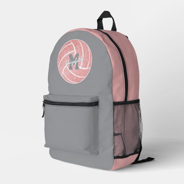 girly sports grey pink monogrammed volleyball printed backpack (Back Corner Right)