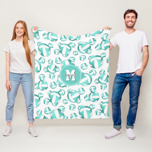 girly sports turquoise white volleyballs pattern fleece blanket (In Situ)