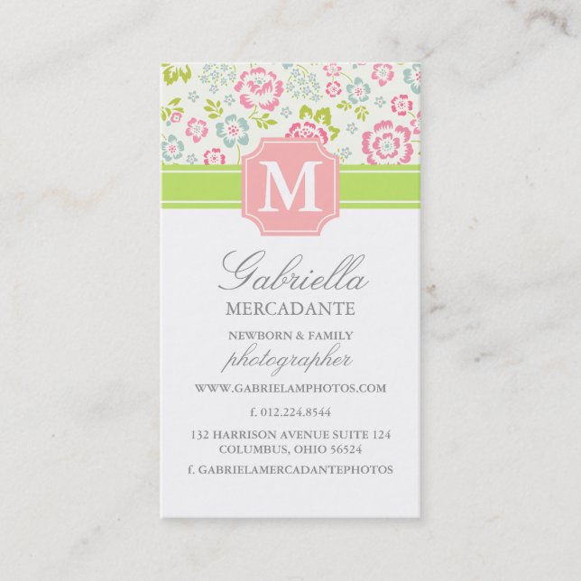 Girly Spring Floral Chevron Personalized Monogram Business Card (Front)