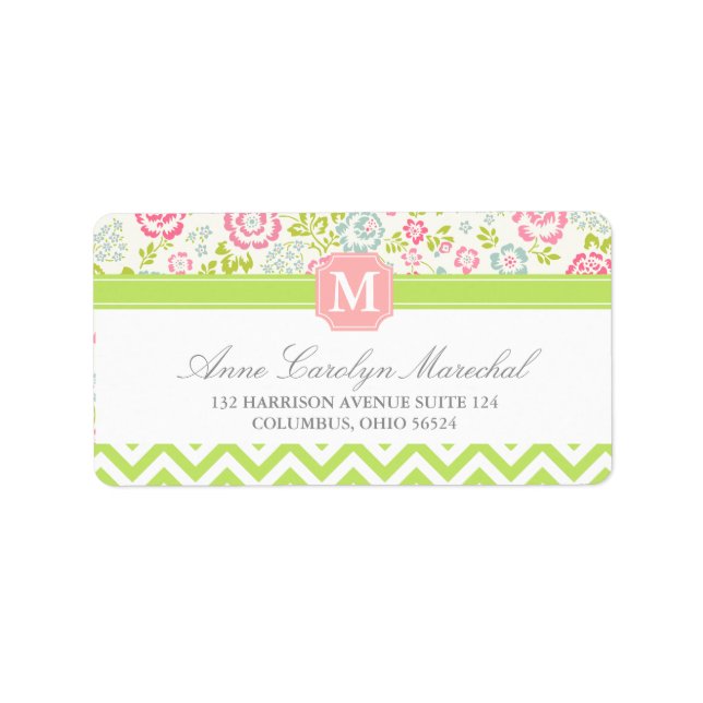 Girly Spring Floral Chevron Personalized Monogram Label (Front)