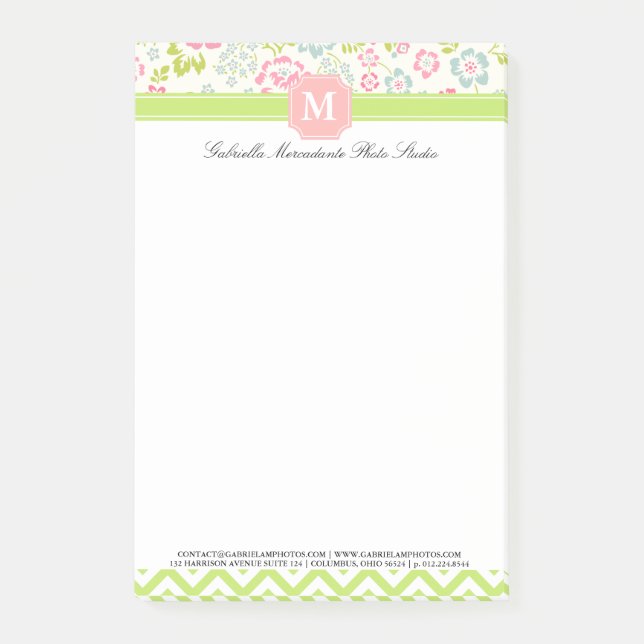 Girly Spring Floral Chevron Personalized Monogram Post-it Notes (Front)