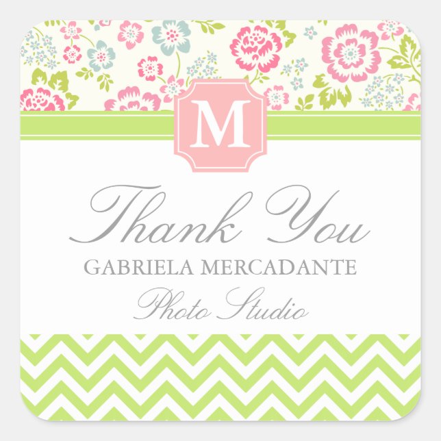Girly Spring Floral Chevron Personalized Monogram Square Sticker (Front)