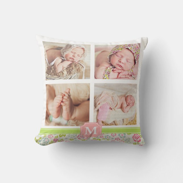 Girly Spring Floral Chevron Personalized Monogram Throw Pillow (Front)