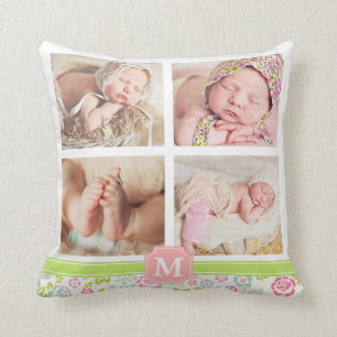 Girly Spring Floral Chevron Personalized Monogram Throw Pillow