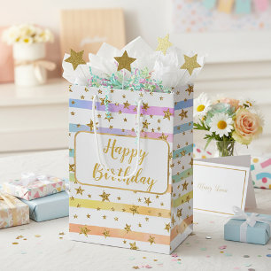 Girly stripes and stars  personalized birthday medium gift bag