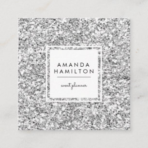 Girly Stylish Fashion SILVER Glitter white square Square Business Card