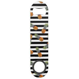 Girly Summer Pineapple Pattern Black Striped Bar Key