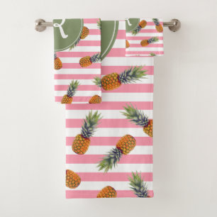 Girly Summer Pineapple Pattern   Pink Striped Bath Towel Set