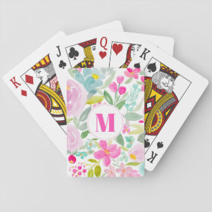 Girly summer pink floral watercolor monogram playing cards