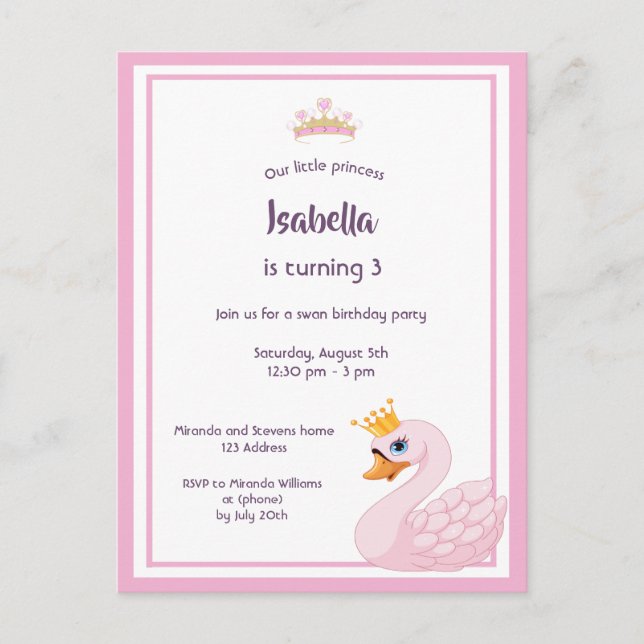 Girly swan 3rd birthday party pink invitation postcard (Front)