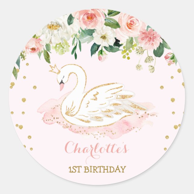 Girly Swan Princess Blush Pink Gold Floral Favours Classic Round Sticker (Front)