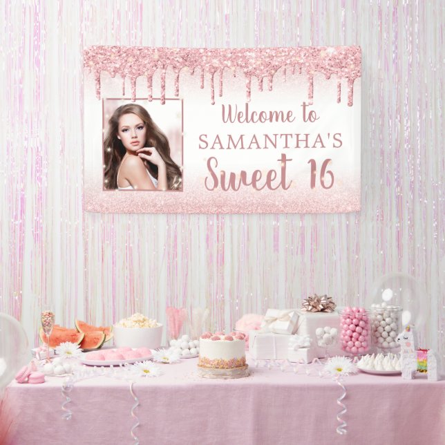 Girly Sweet 16 Rose Gold Glitter Drip Photo Banner (Party)