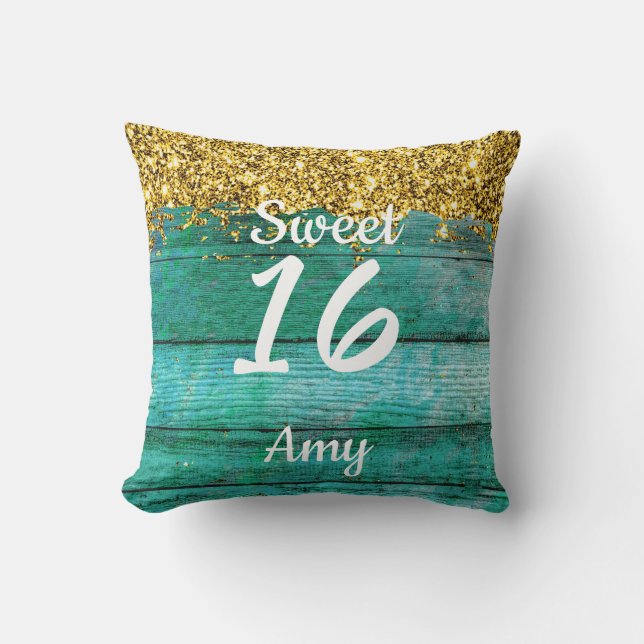 Girly Sweet 16 Turquoise Gold Glitter Name Throw Pillow (Front)