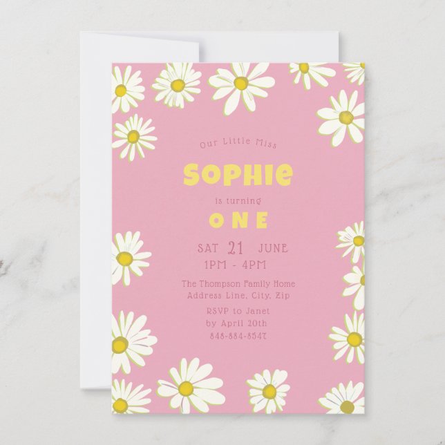 Girly Sweet Daisies Bubblegum Pink First Birthday Invitation (Front)