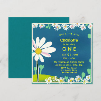 Girly Sweet Daisy Blue Yellow Birthday Invitation